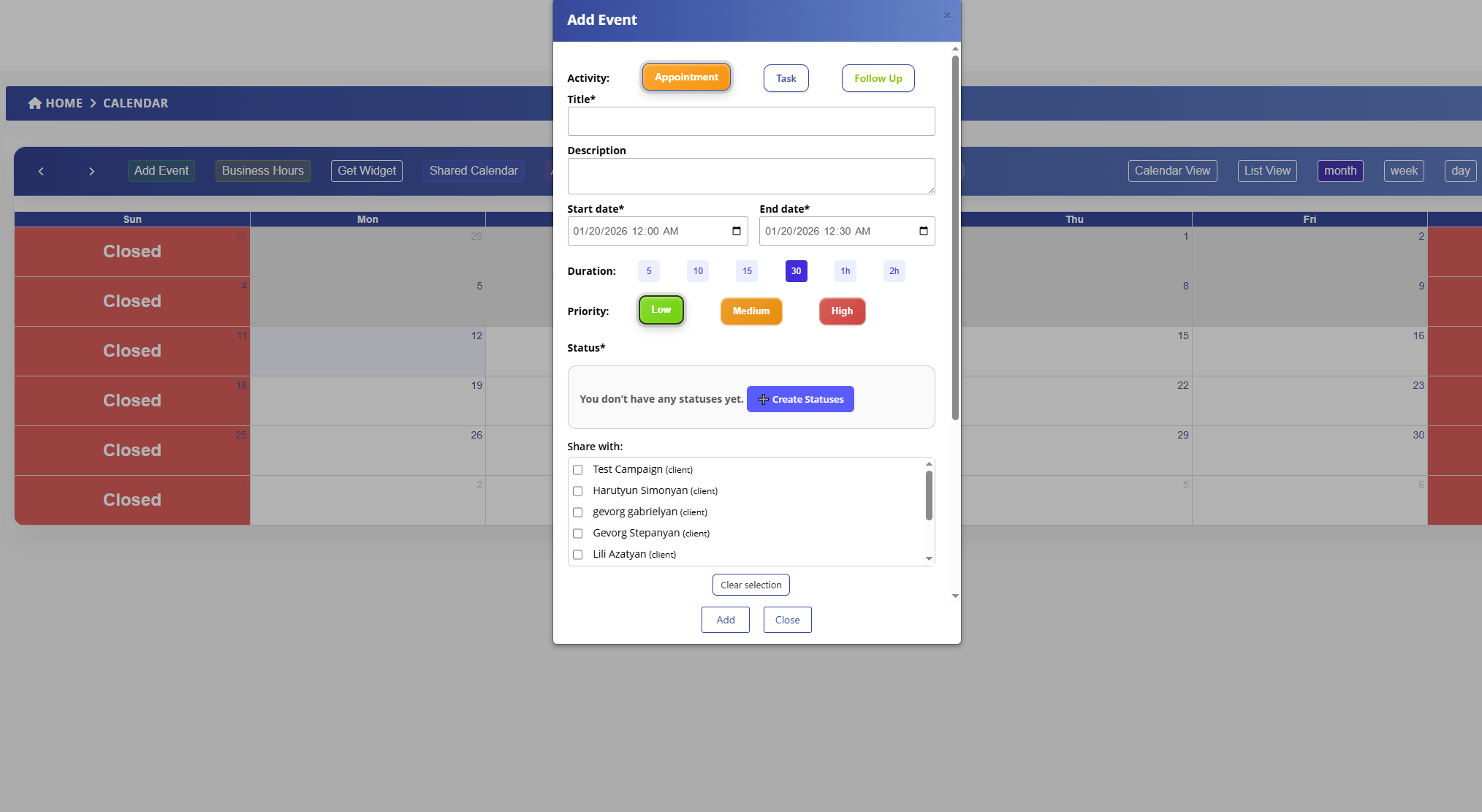 Add Event Dialog - Create Appointments, Tasks and Follow Ups