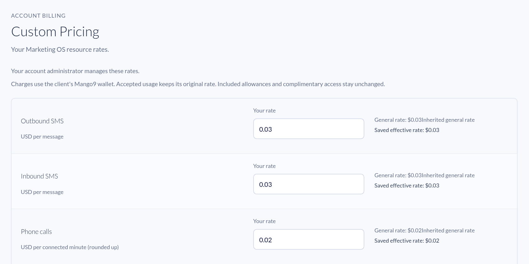 Custom Pricing header and the outbound SMS, inbound SMS and phone call rows