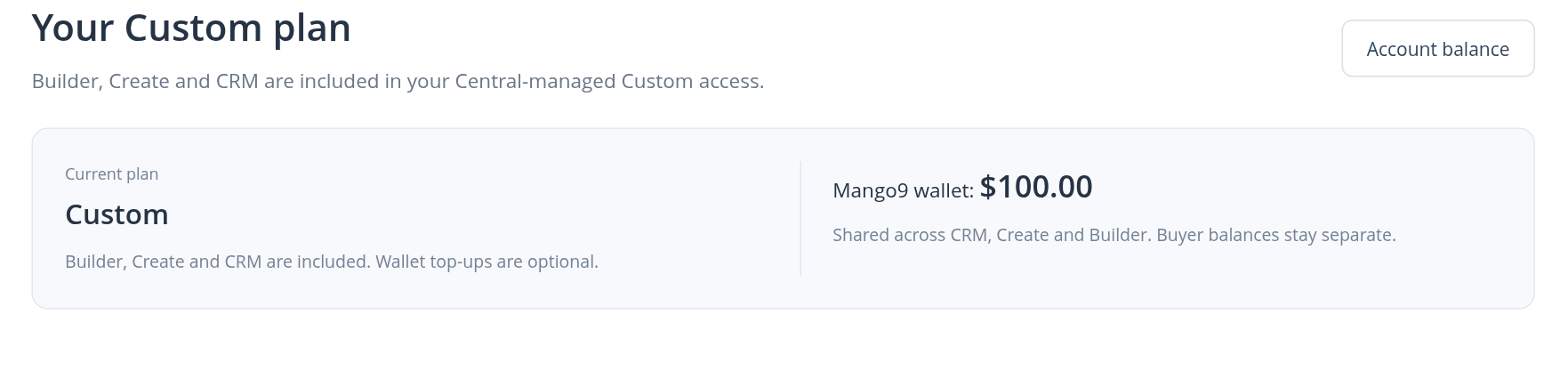Current Custom plan and shared Mango9 wallet with the Account balance link