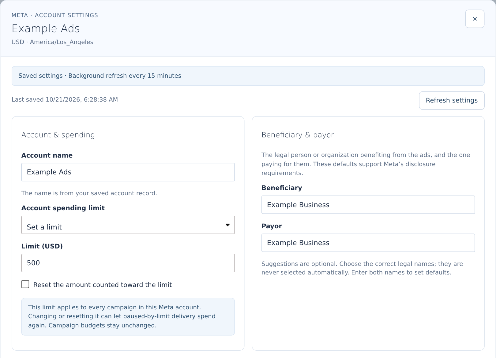 Meta account name, spending limit and beneficiary/payor editor
