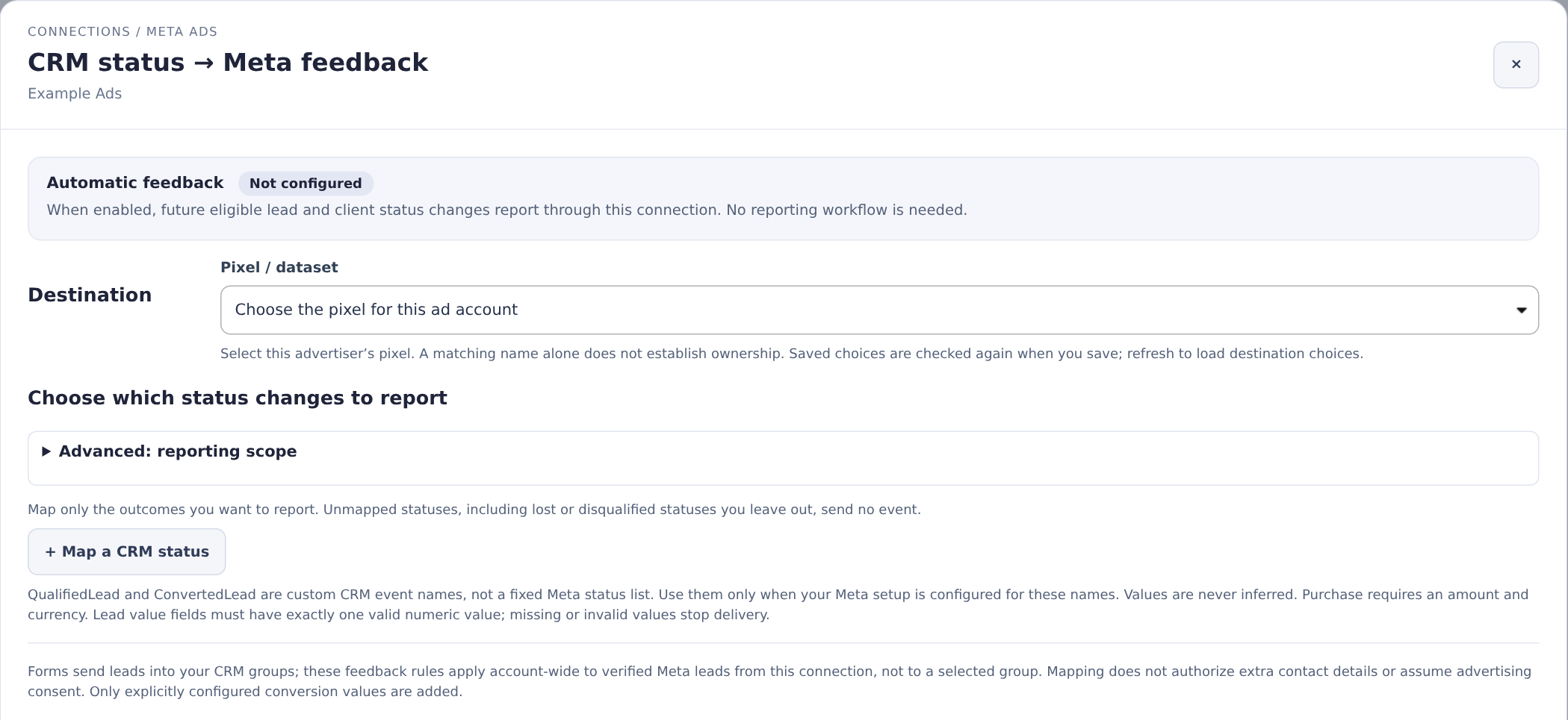 Automatic Meta lead feedback destination and CRM status mapping controls