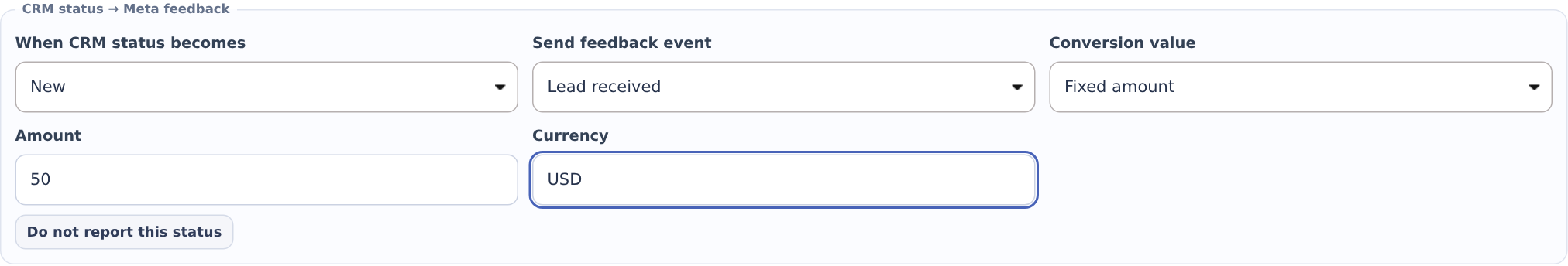 CRM status, feedback event, fixed amount and currency in one mapping row
