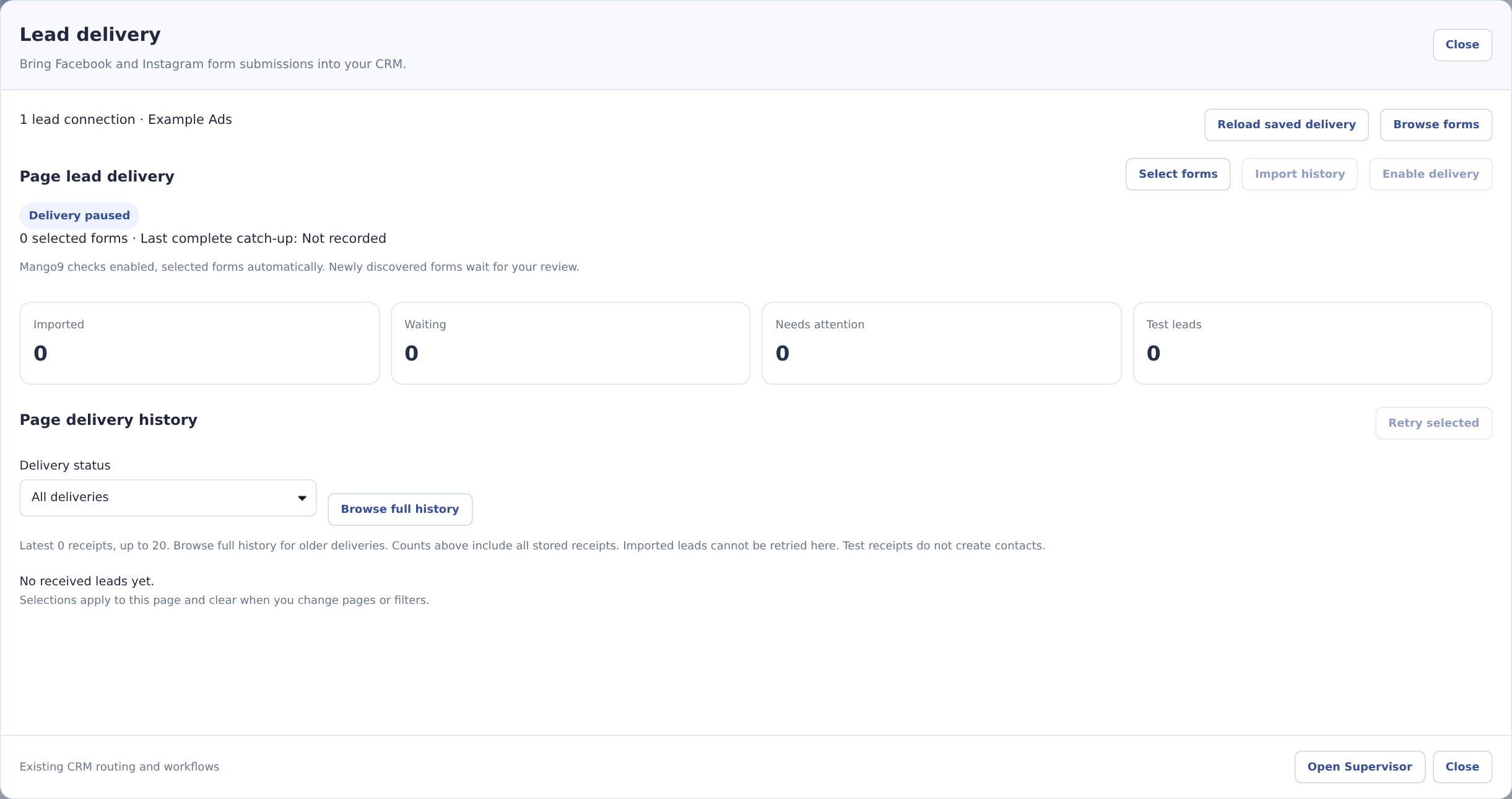 Meta lead delivery status, selected forms, counts and delivery history