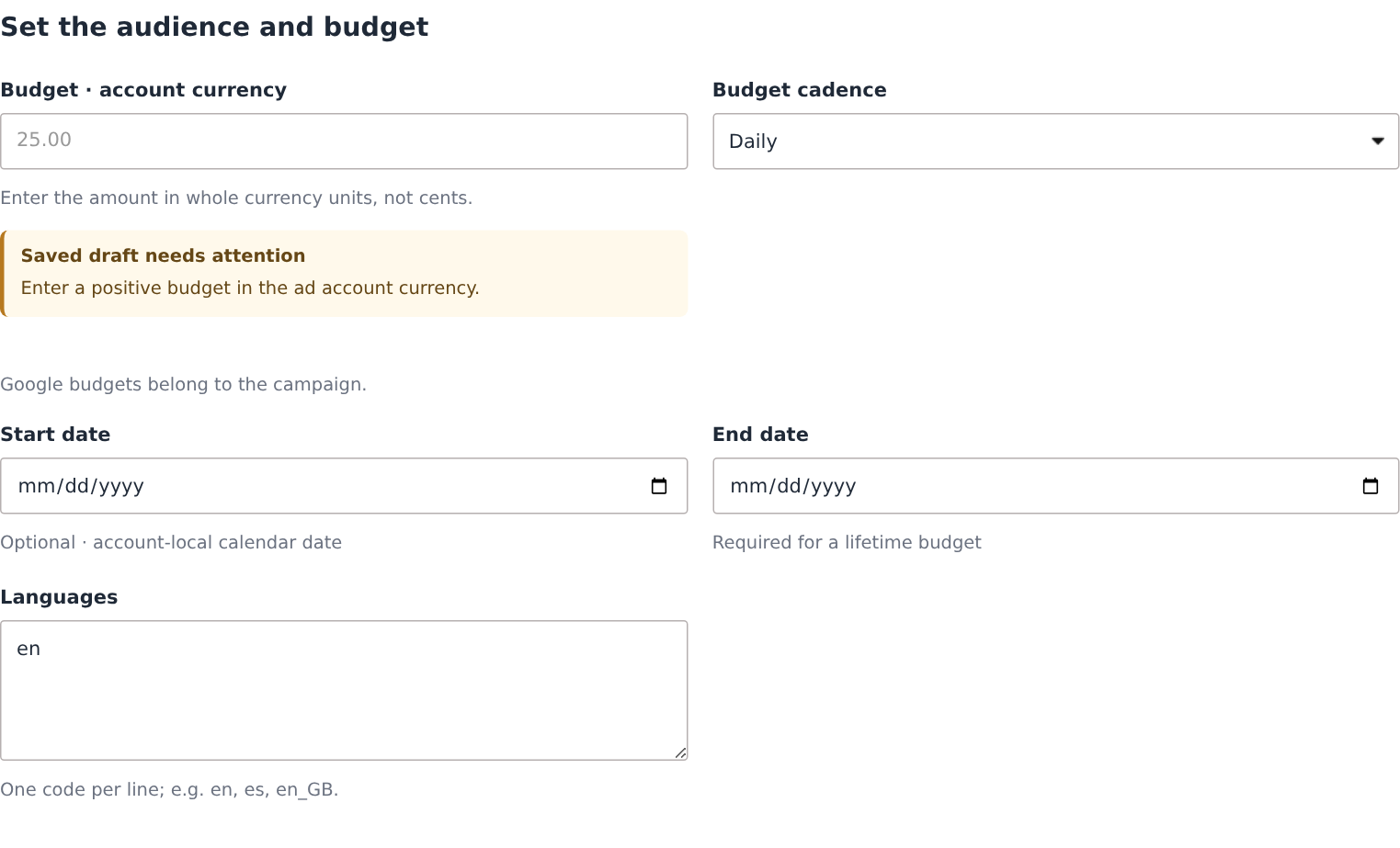 Google budget, daily cadence, dates and language controls