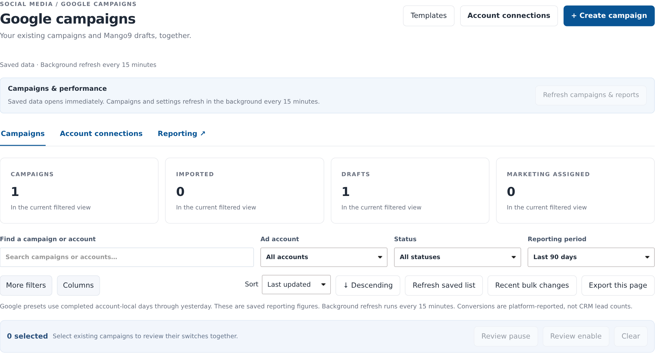 Google campaign list controls including account, status, period, filters, columns and bulk review