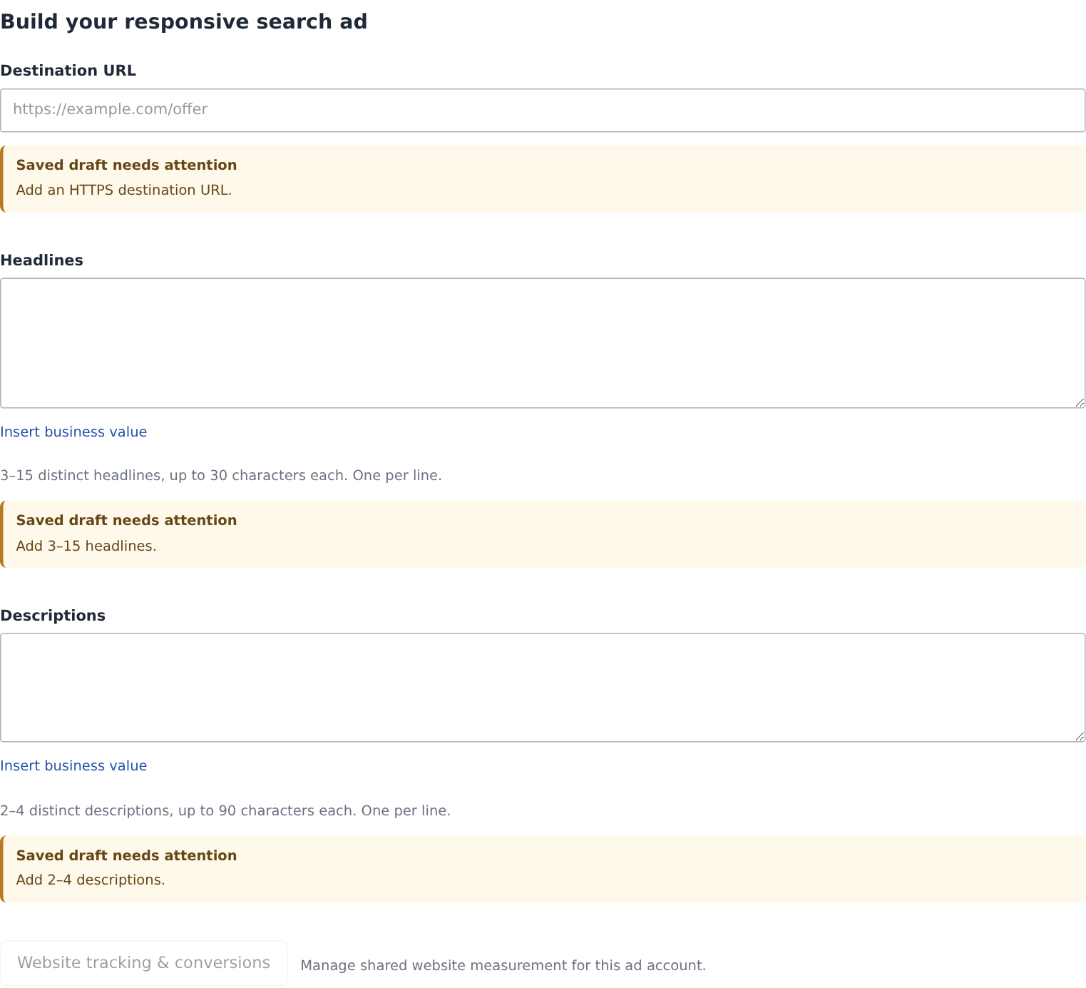 Google responsive Search ad fields for destination, headlines and descriptions