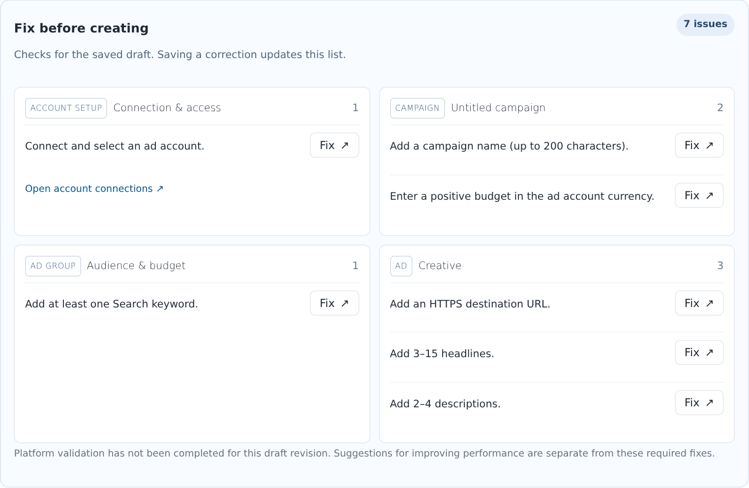 Google required-fixes panel with account, campaign, audience and creative sections