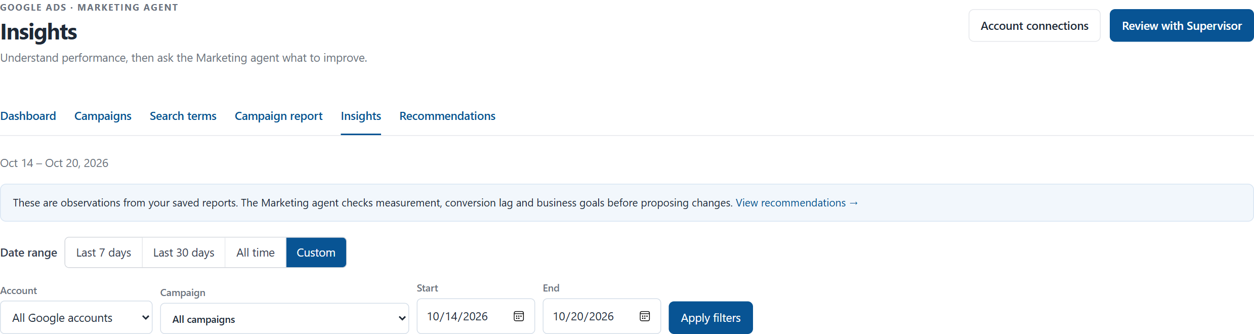 Google Insights account, campaign and date filters with Supervisor link