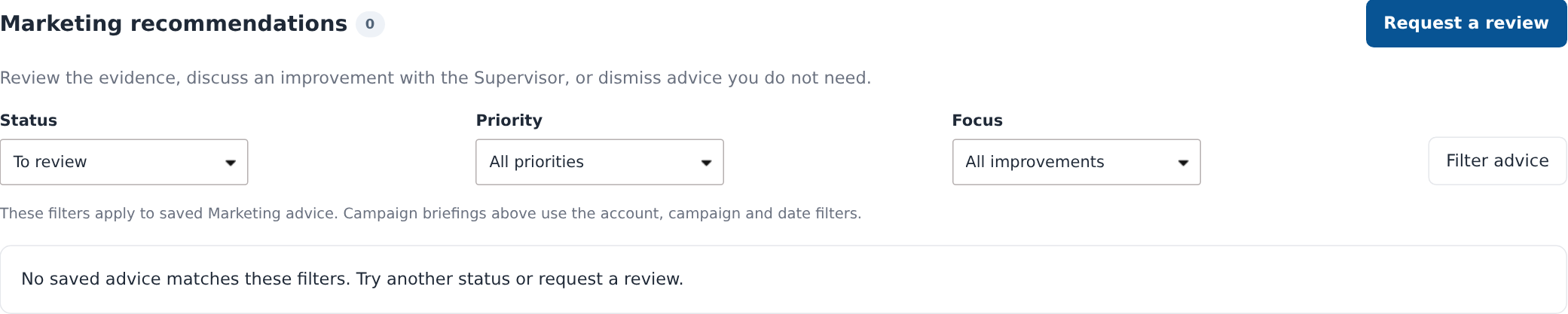 Marketing recommendation filters for status, priority and focus with Request a review
