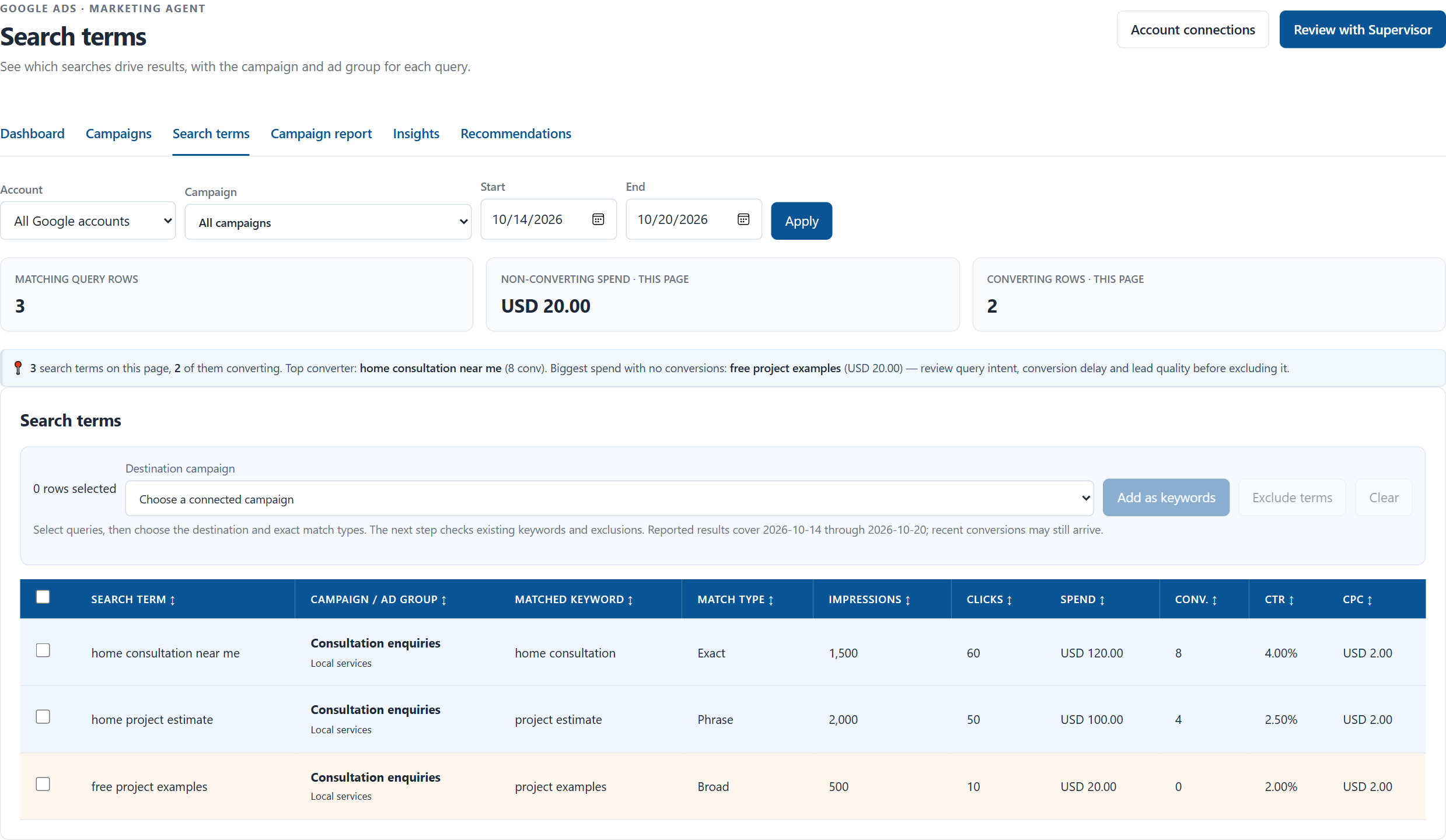 Search query report with example terms, matched keywords, spend, conversions and selection controls