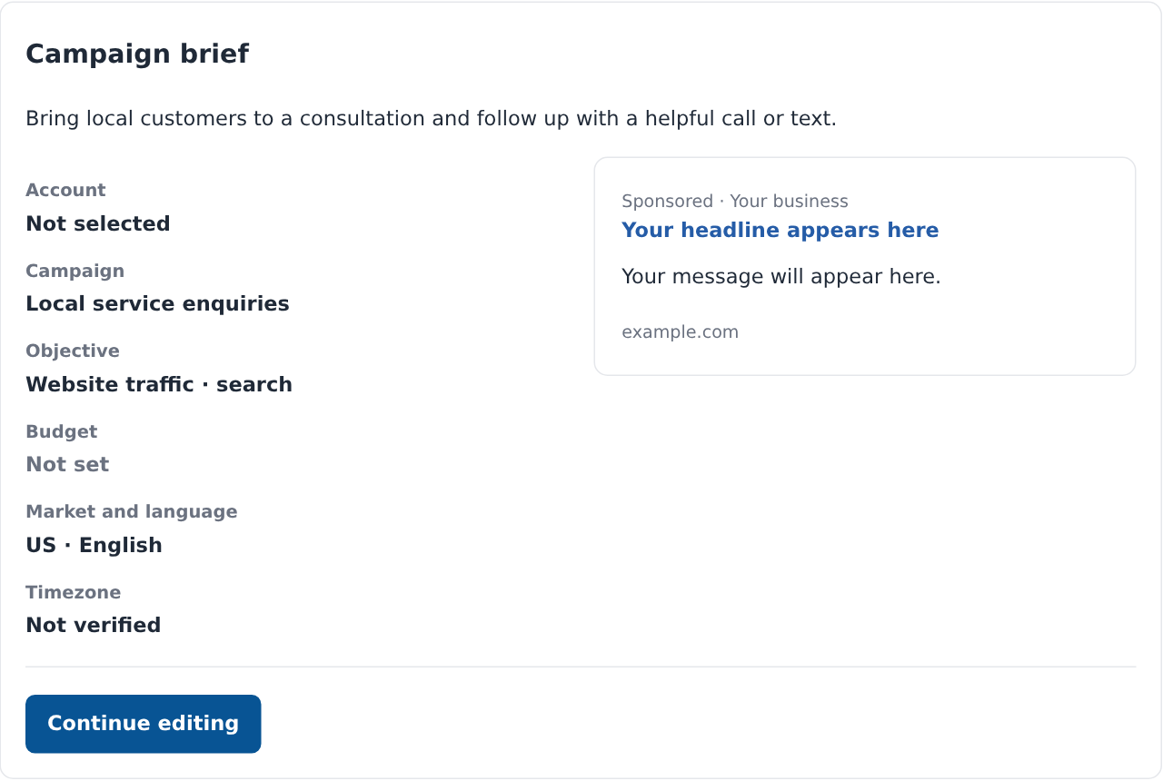 Google campaign draft overview with brief, account, campaign, budget and Continue editing