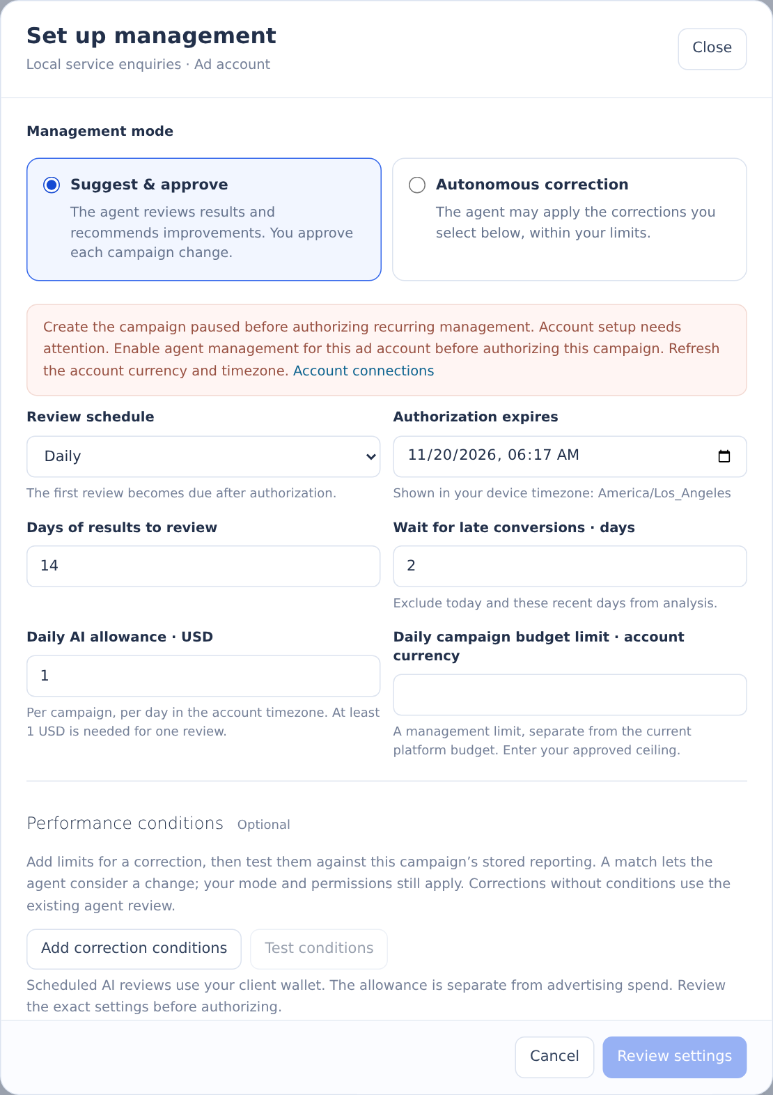 Google campaign management setup with approval modes, review schedule and budget fields