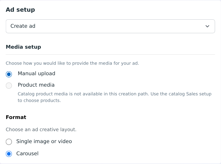 Native Meta Ad setup with manual media and single-image, video or carousel formats