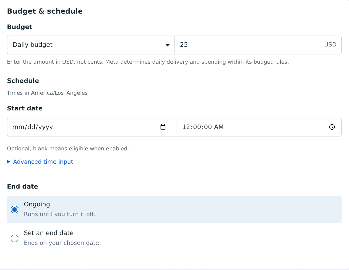Ad set budget, Los Angeles time zone, start time and end-date controls