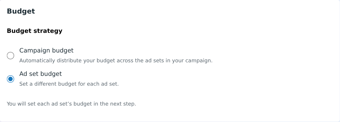 Campaign budget and Ad set budget choices