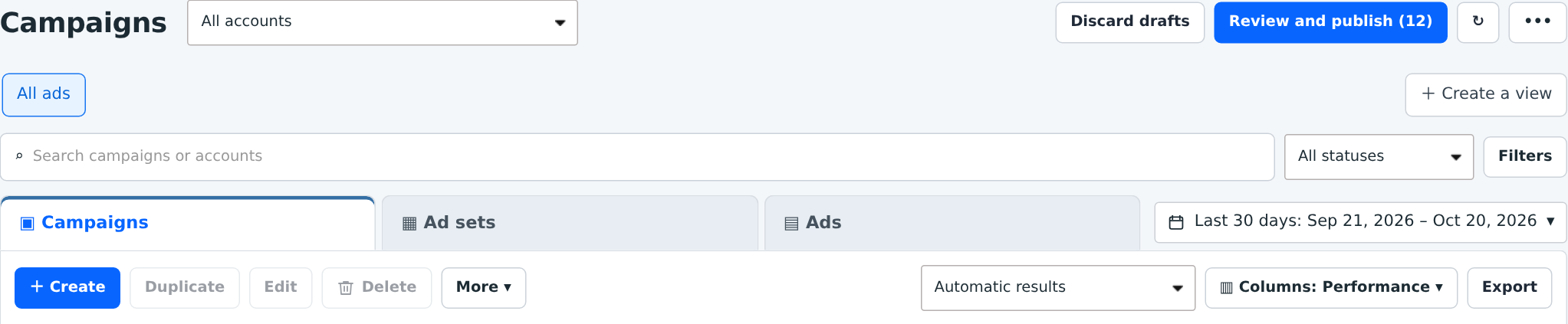 Meta campaign workspace with account, search, status, date, table levels and editing controls