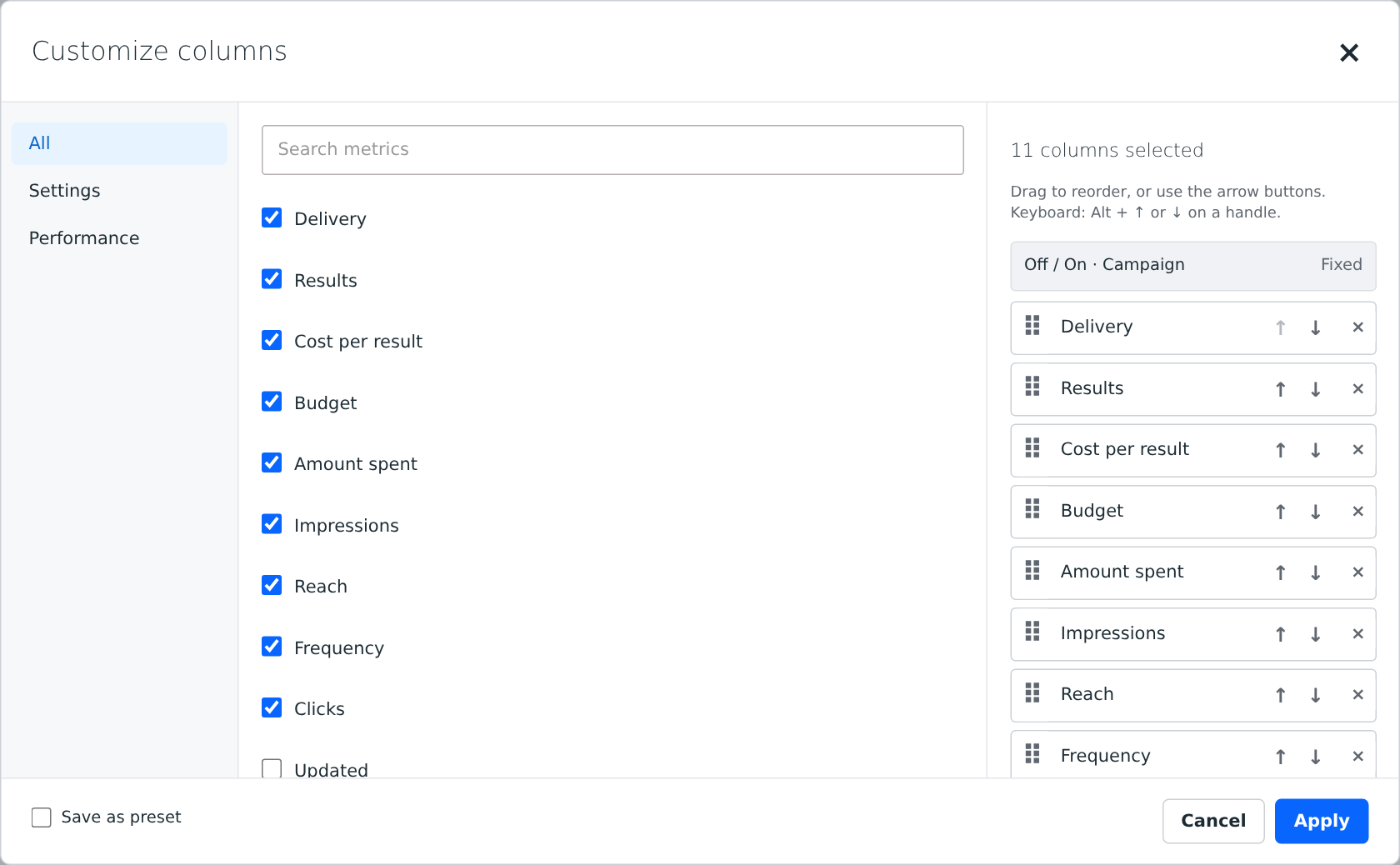 Customize columns dialog with metric choices, selected column order and Save as preset