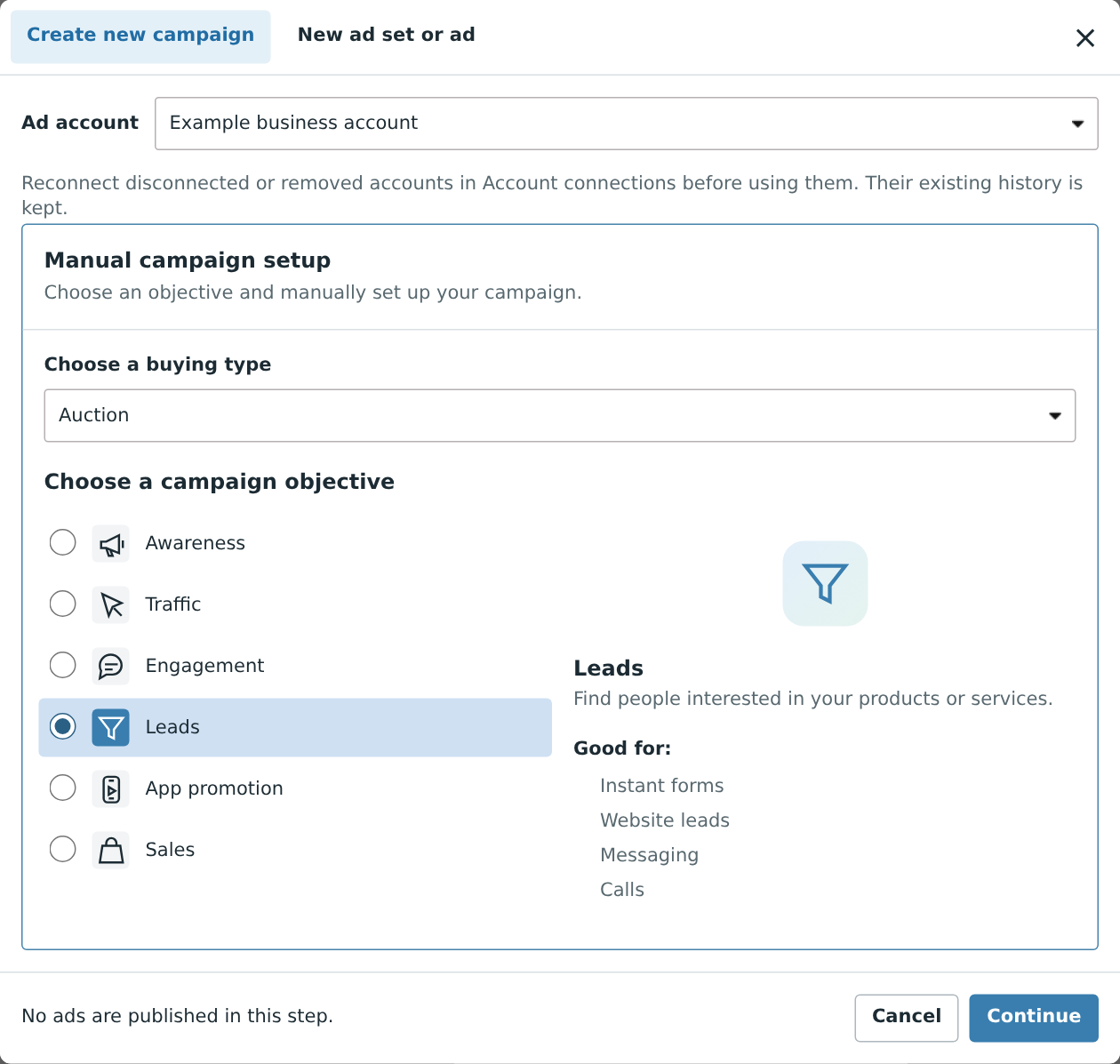 Create campaign dialog with the six Meta objectives and Leads selected