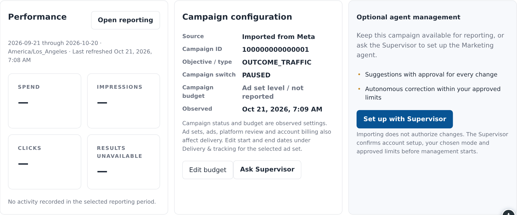 Meta campaign performance, configuration and Supervisor management cards