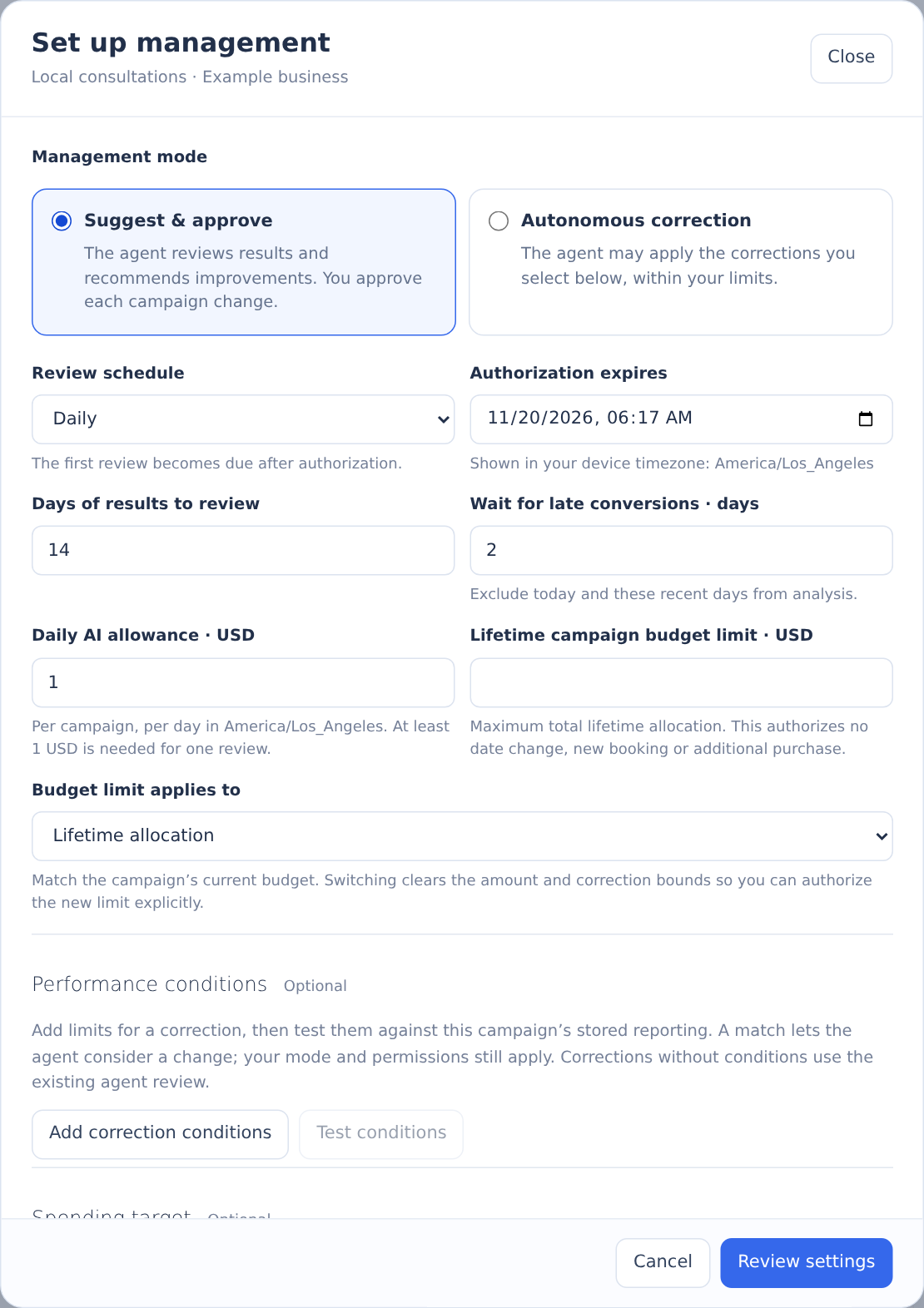 Meta campaign management setup with approval modes, review schedule and budget fields