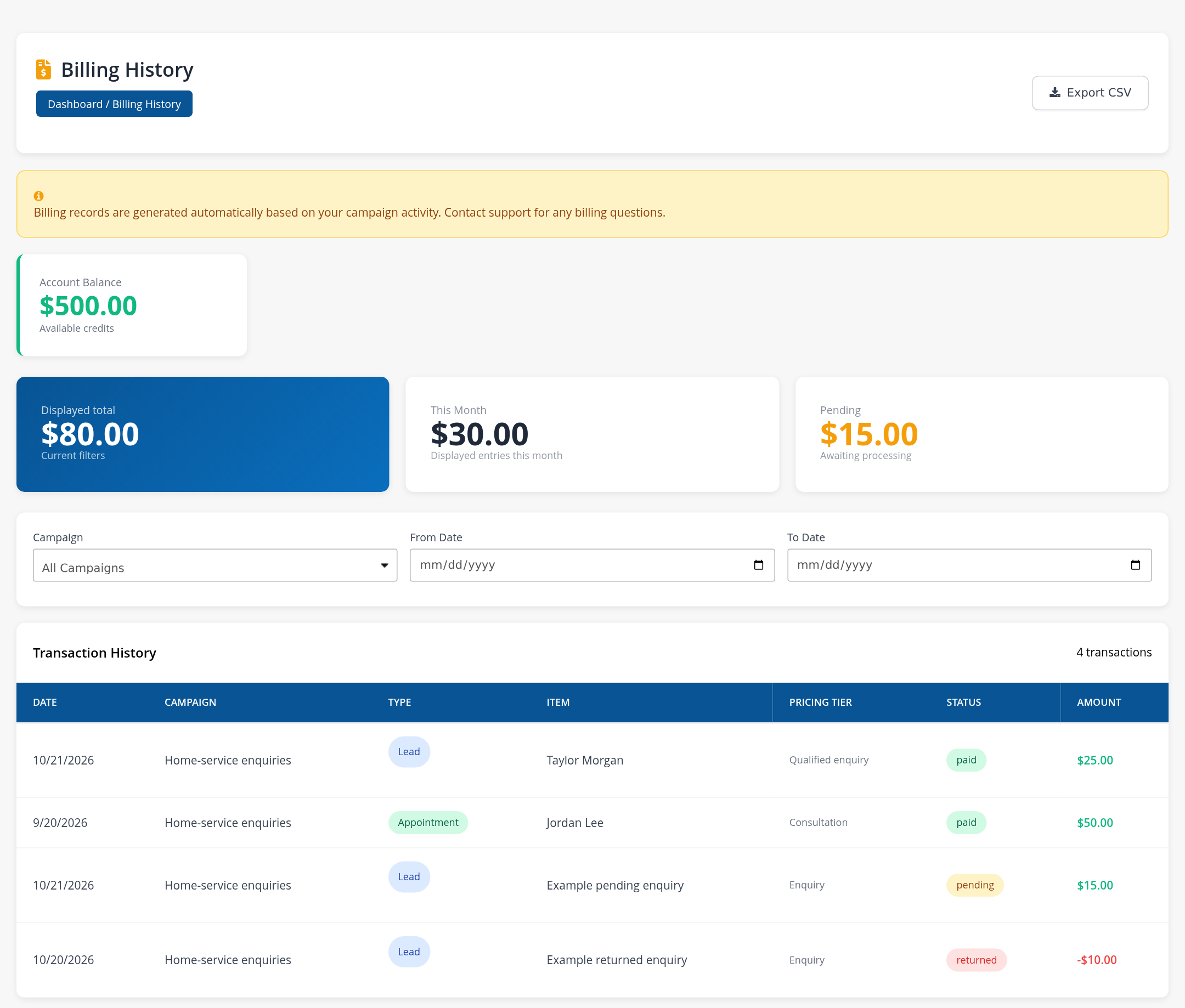 Campaign billing summary, date filters and transaction rows