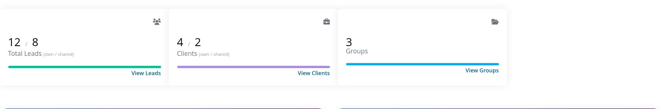 Agent lead, client and group summary cards with separate shared counts