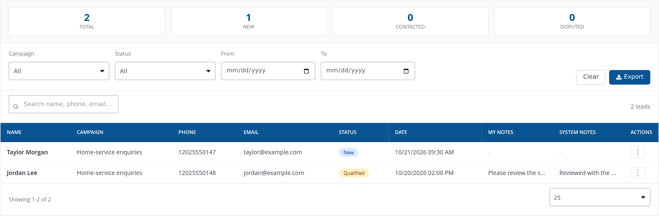 My Leads list with campaign, status, date and search filters