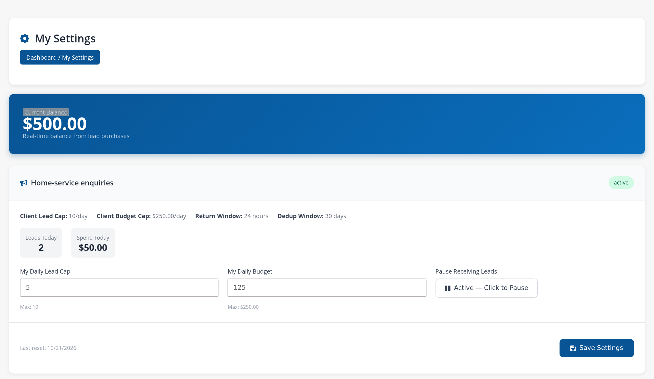 Buyer campaign settings with balance, owner caps, daily usage, personal caps and pause control