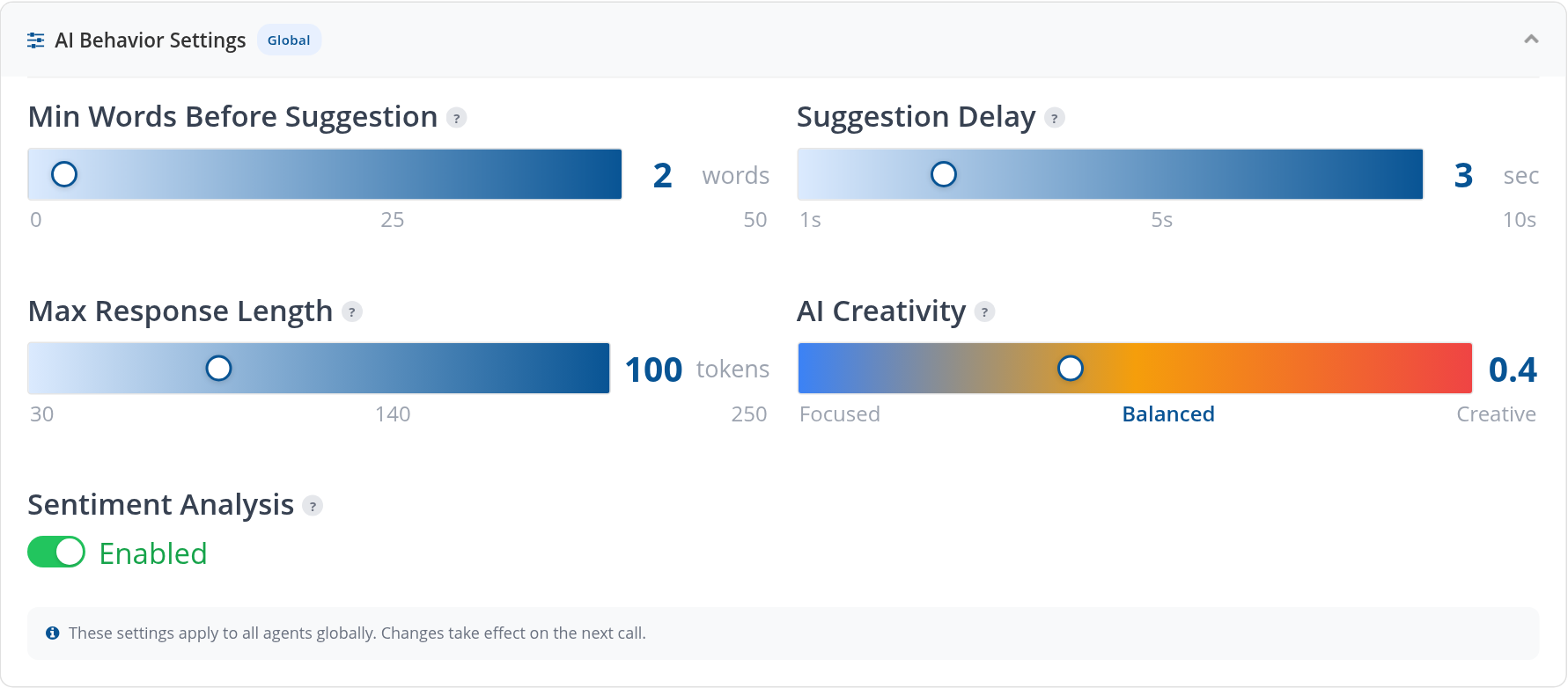 Agent Assist global suggestion timing, length, creativity and sentiment controls