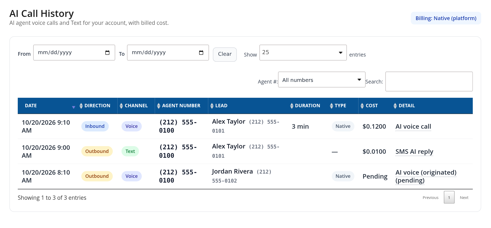 AI Call History with date filters, number filter, search and voice and text usage rows
