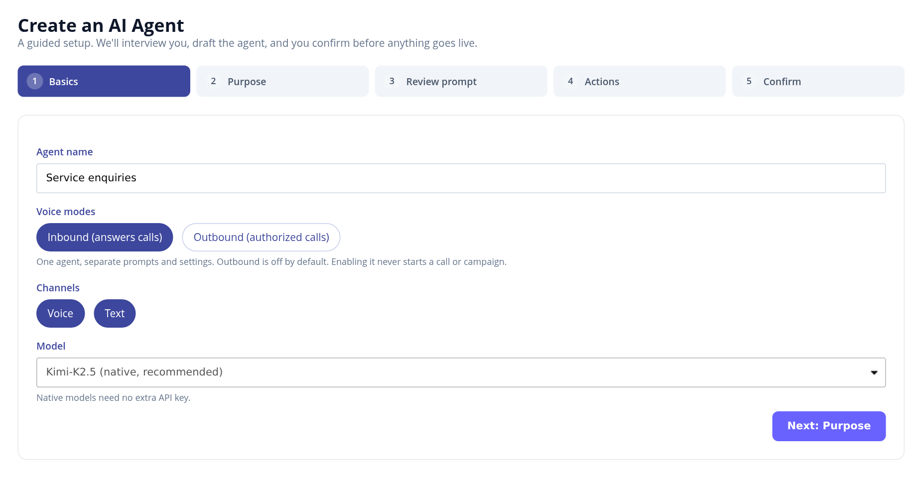 Create an AI Agent wizard with separate inbound and outbound voice modes and Voice and Text channels