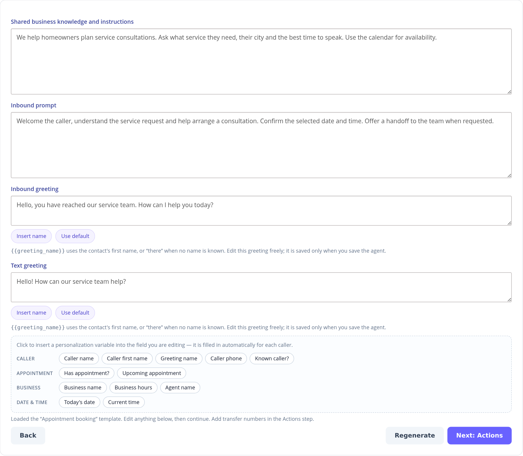 AI agent shared business knowledge, inbound prompt and separate voice and text greetings
