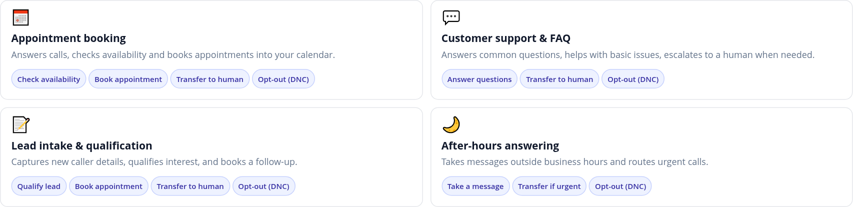 AI agent templates for appointment booking, customer support, lead intake and after-hours answering