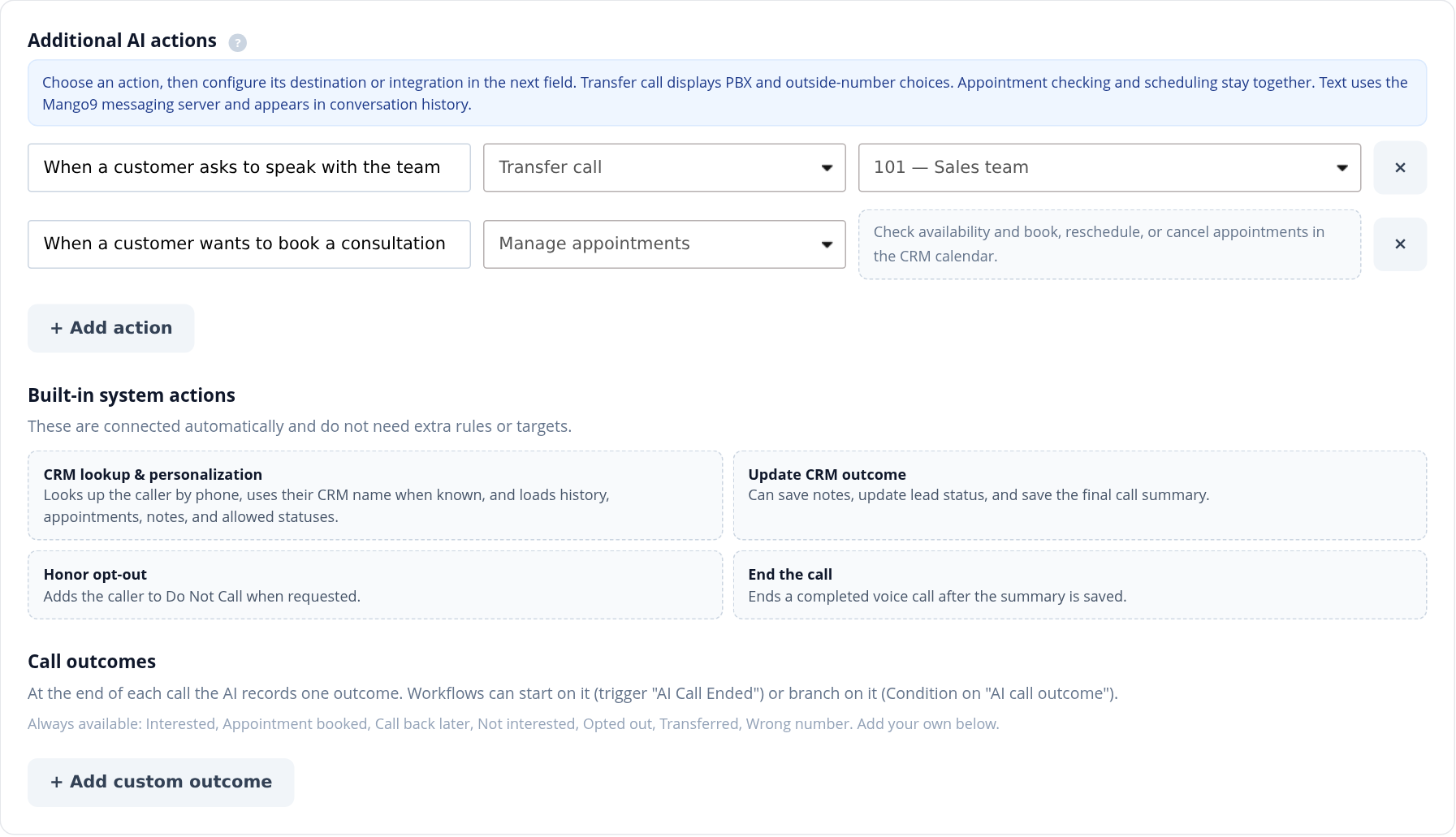 AI agent Actions tab with transfer destination, appointment action, built-in actions and call outcomes