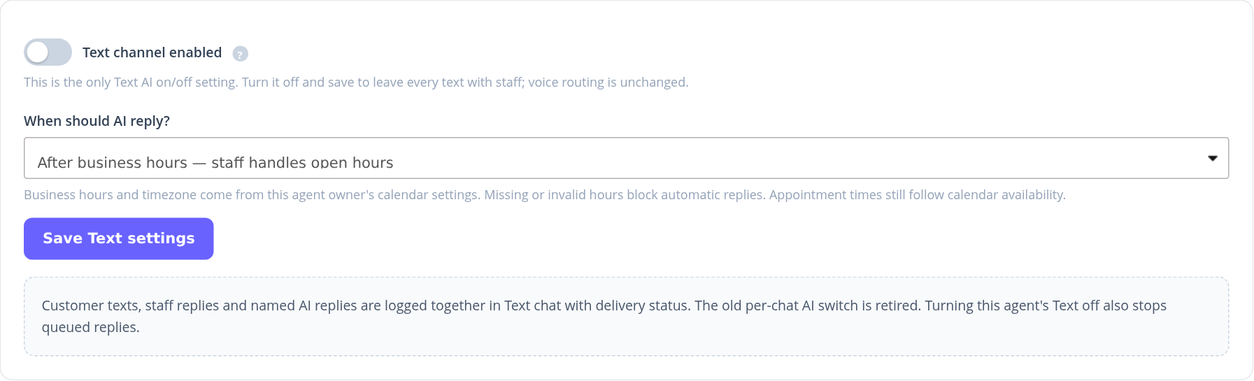 Text channel switch, reply schedule and Save Text settings button