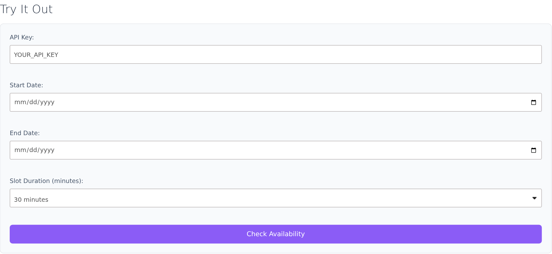 Calendar API availability form with dates and slot duration