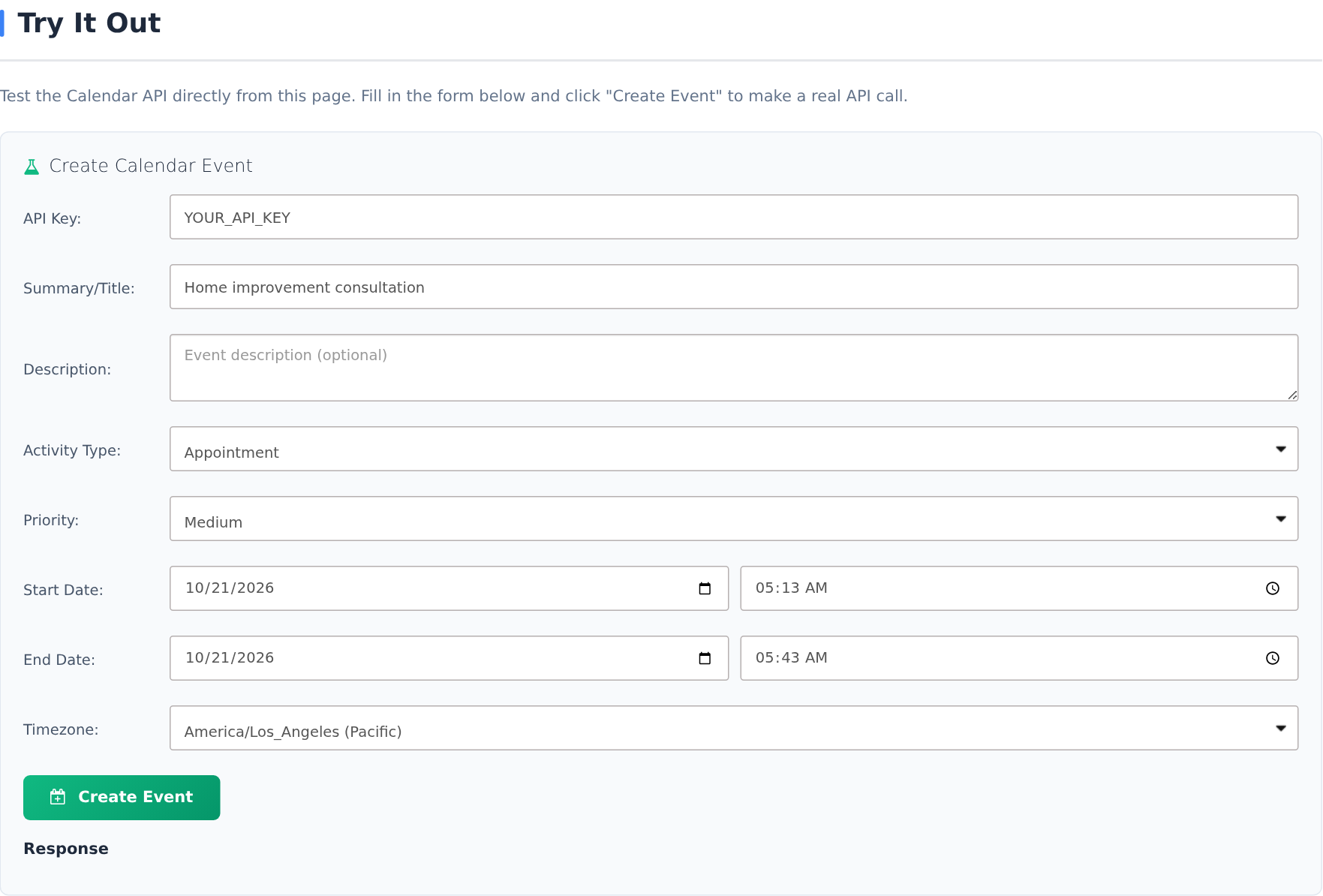 Current Calendar API create form with an example consultation and Los Angeles time zone