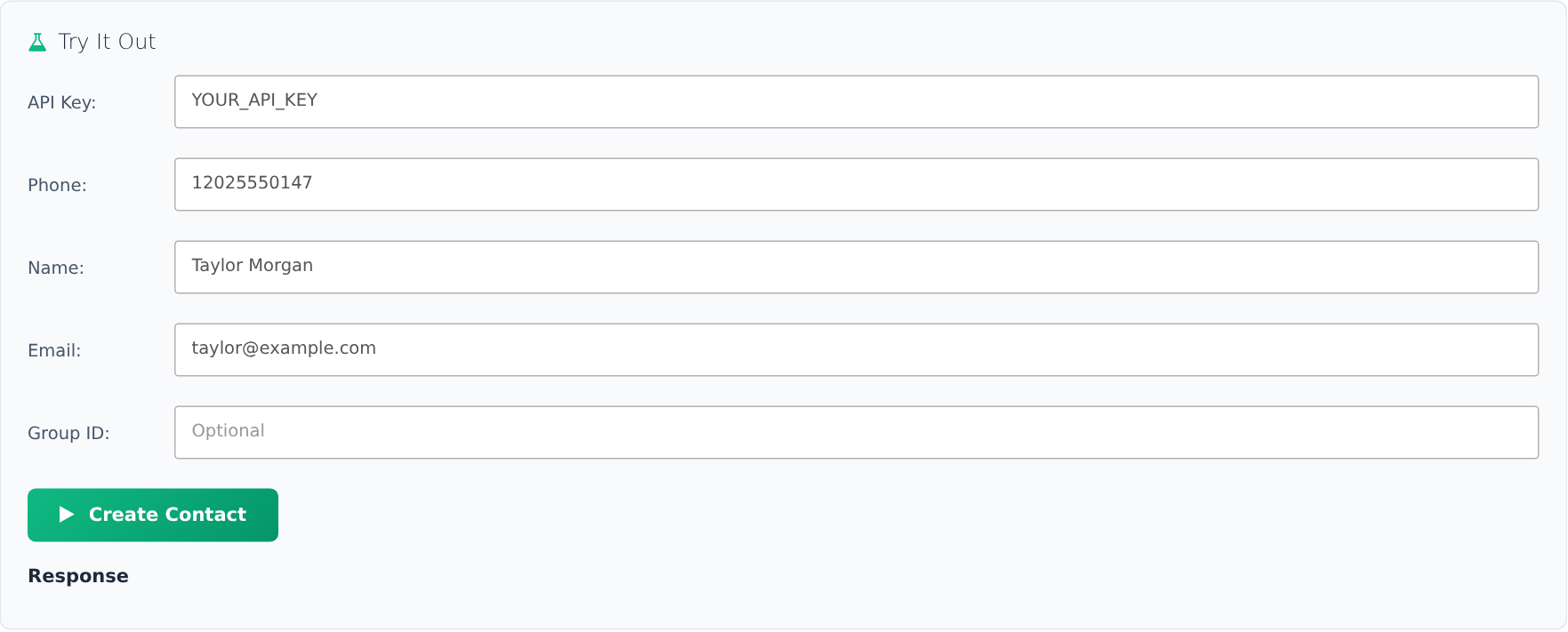 Contacts API create form with an illustrative contact, email and Group ID field