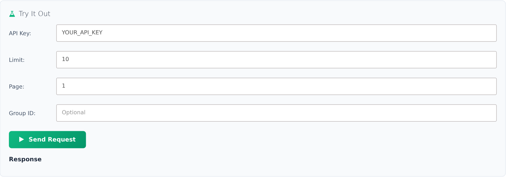 Contacts API read form with page size, page and group filters