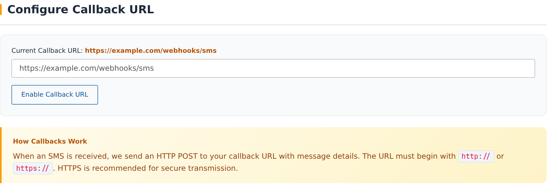 Incoming SMS Callback editor with an illustrative HTTPS webhook address
