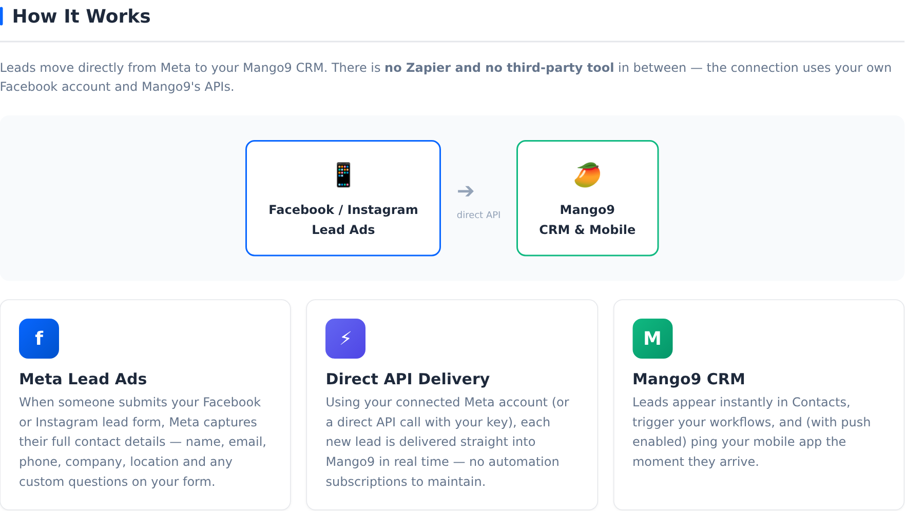 Native Meta Lead Ads diagram showing delivery to Mango9 CRM and mobile