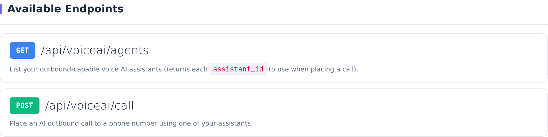 VoiceAI API endpoint cards for listing agents and placing a call