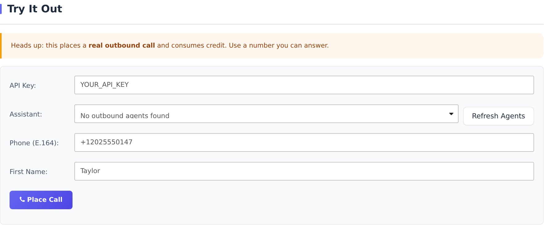 VoiceAI API test form with assistant selection, phone and first name