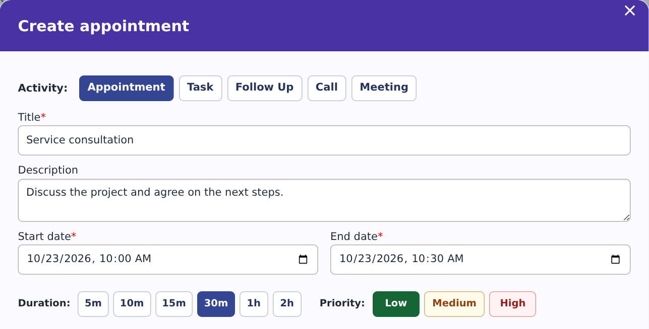 Appointment form with customer, date, time and follow-up fields
