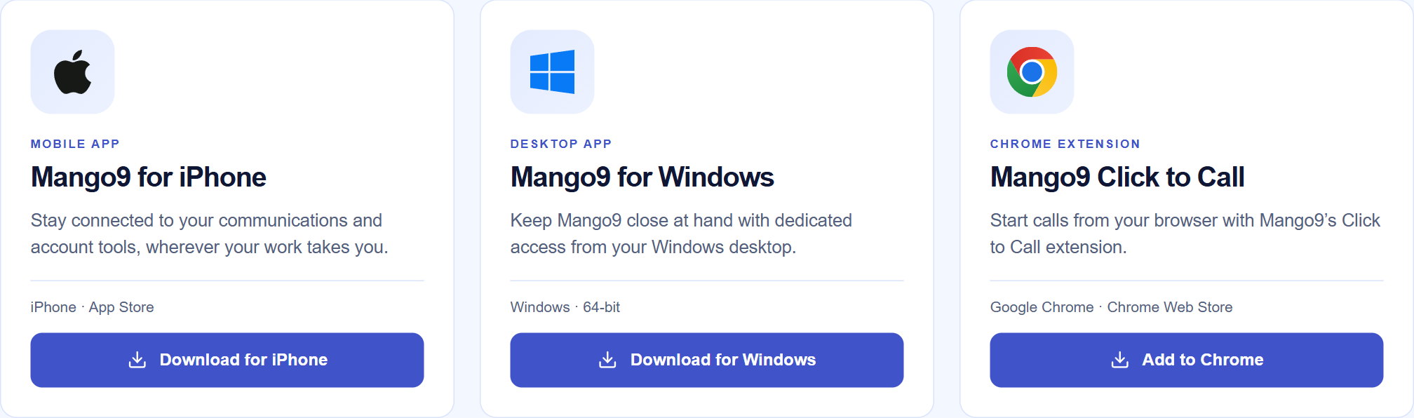 Mango9 download choices for iPhone, 64-bit Windows and Chrome