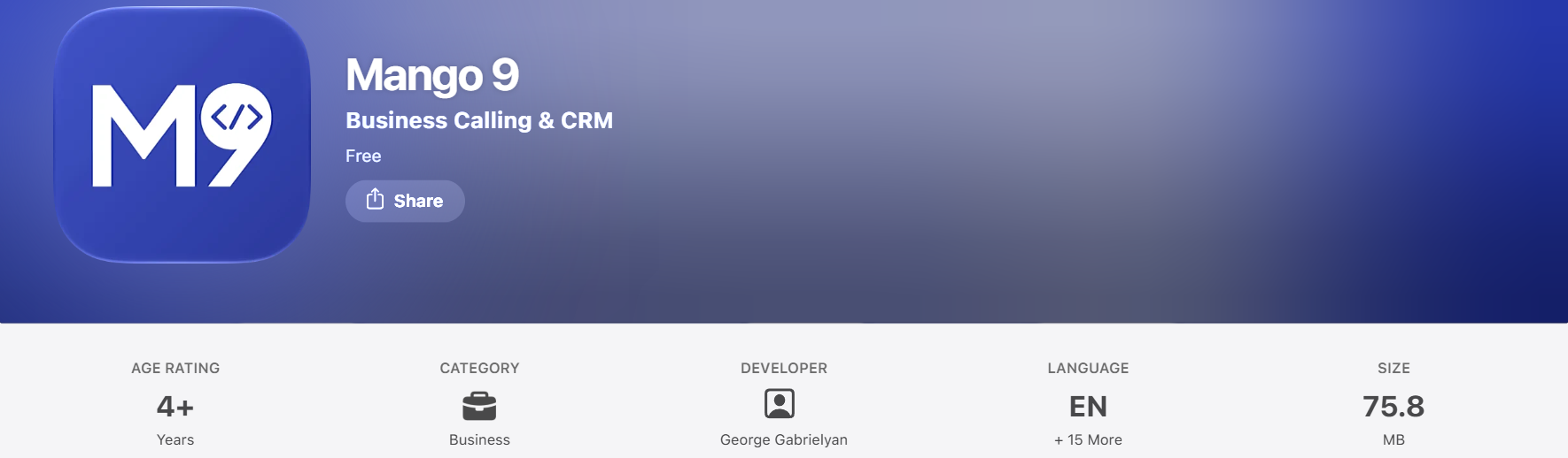 Official Mango 9 App Store listing showing Business Calling & CRM