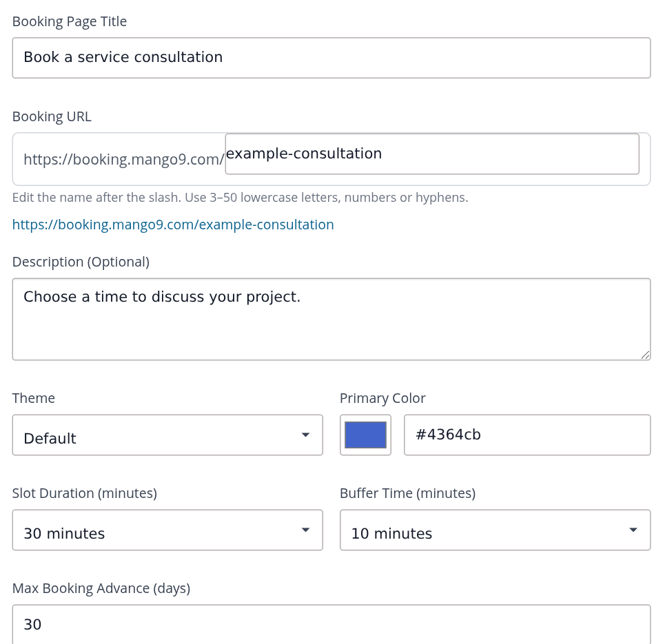 Booking page title, custom address, theme, appointment length and buffer settings