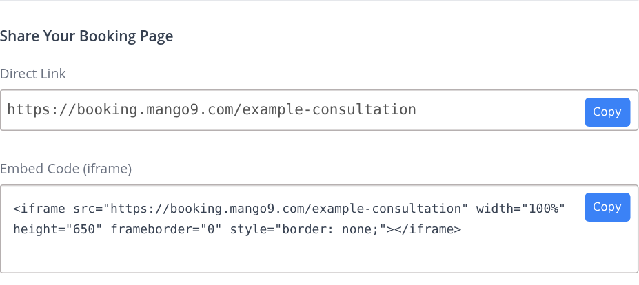 Direct booking link and website embed code with Copy controls