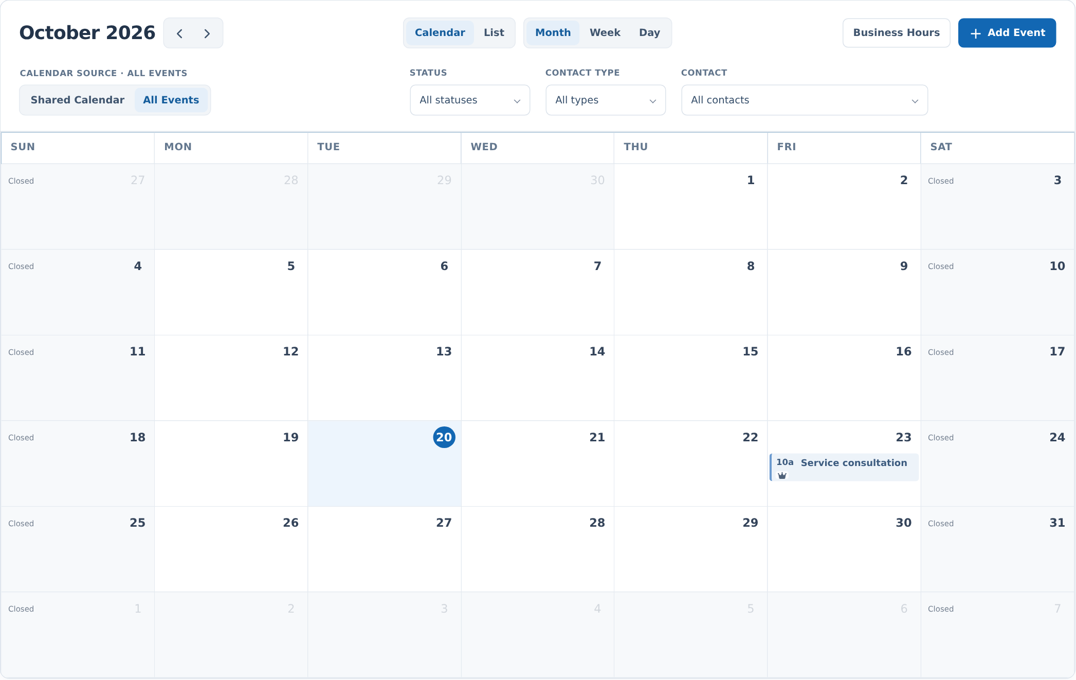 Calendar with month controls, source and contact filters, Business Hours and Add Event