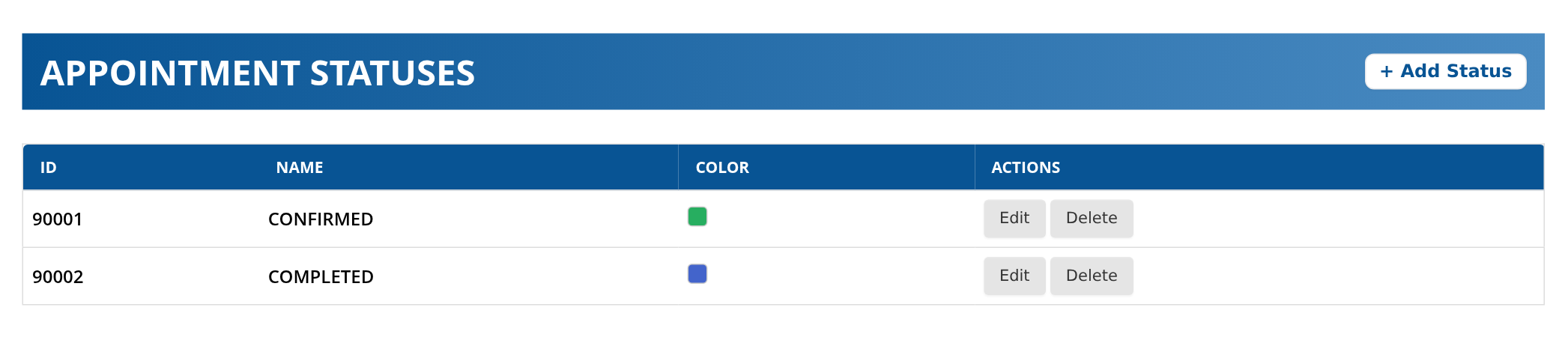 Event Statuses list showing status names, colors and Edit and Delete controls